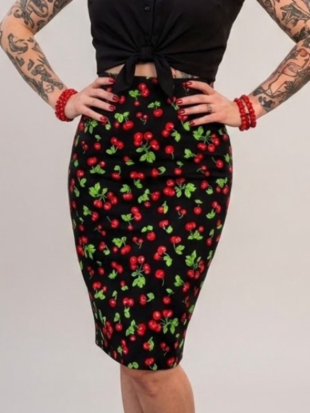 Pinup Couture Cherry Print High Waist Pencil Skirt L Retro Rockabilly Glam 1950s